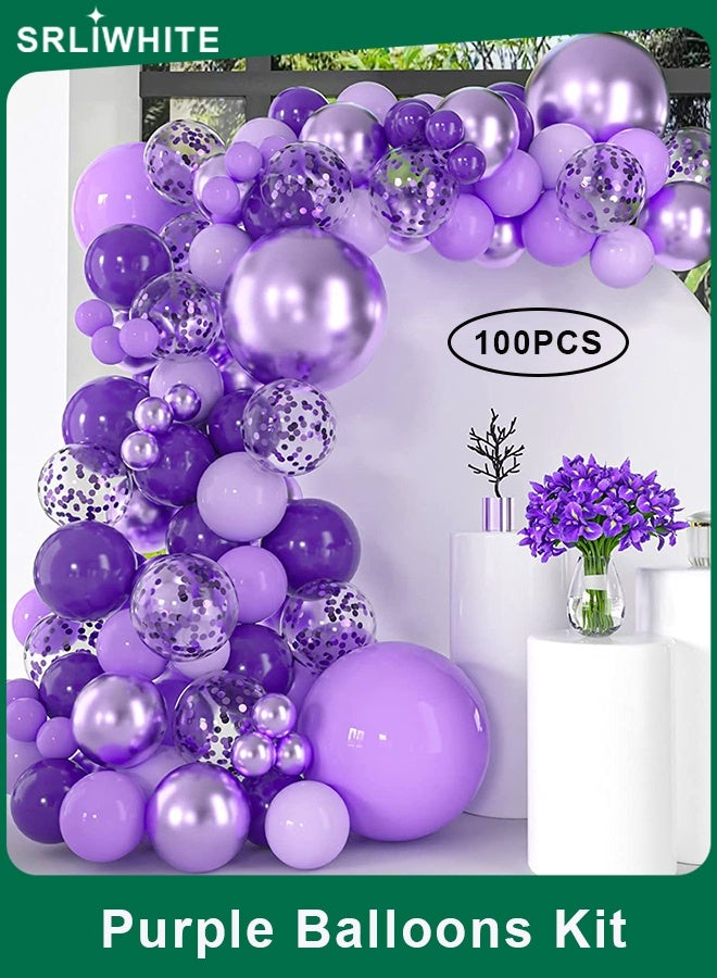 SRLIWHITE Purple Balloon Garland Kit, 100PCS Assorted Sizes as Shades Metallic, Lavender, Lilac and Confetti Latex Balloons with Arch Accessories for Birthday Baby Shower Wedding Party Decorations - Image 1